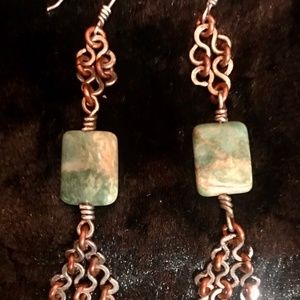 Vintage Handcrafted BoHo Artisan Sterling Silver/Copper Jade Earrings